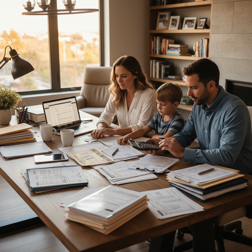 Family filing taxes together at home office with tax documents