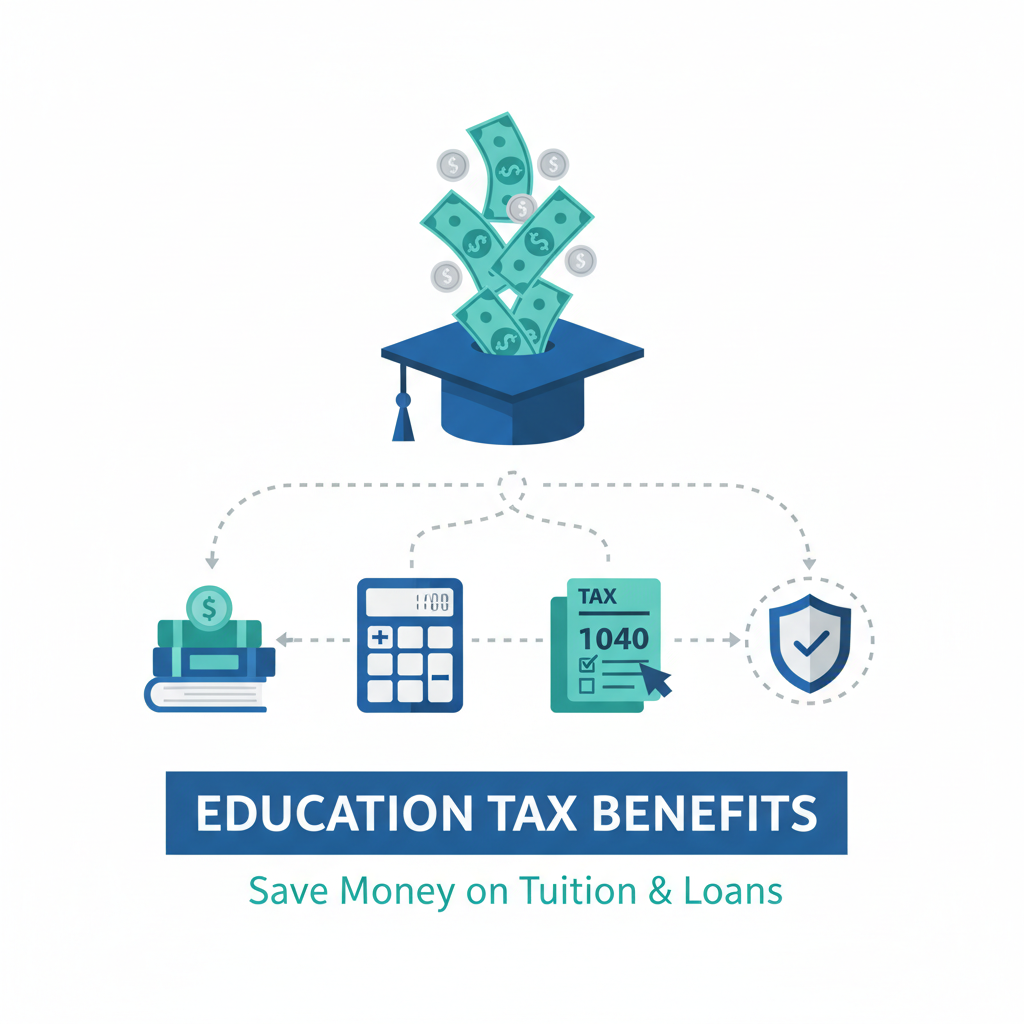 Education tax benefits infographic showing credits and deductions available to families and adults