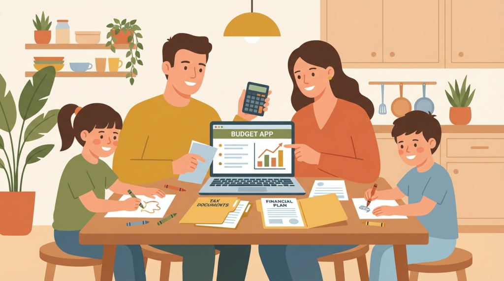 Family reviewing tax documents and planning finances together