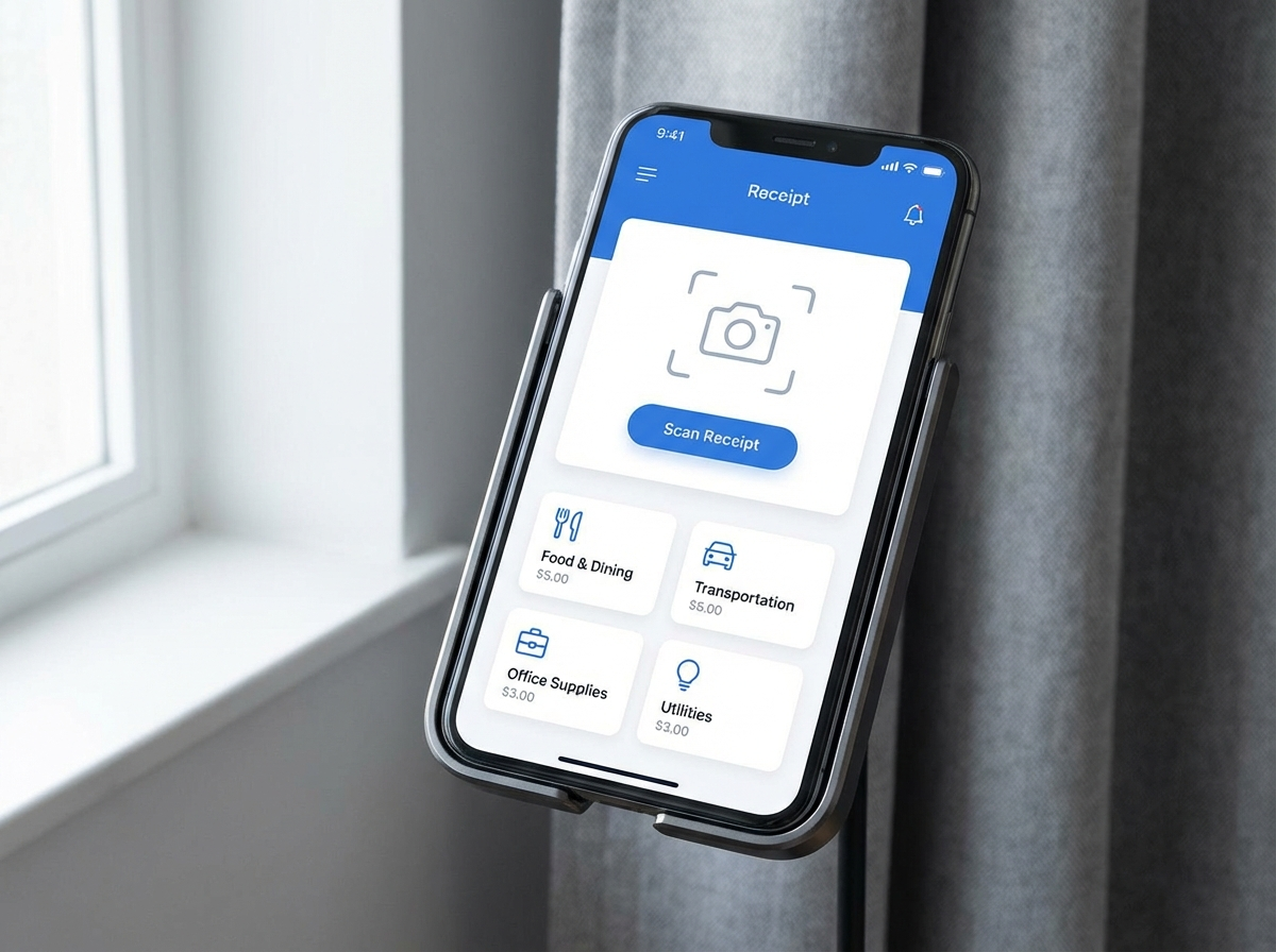 BudgetX mobile app interface showing expense scanning, categorization, and tax deduction tracking features