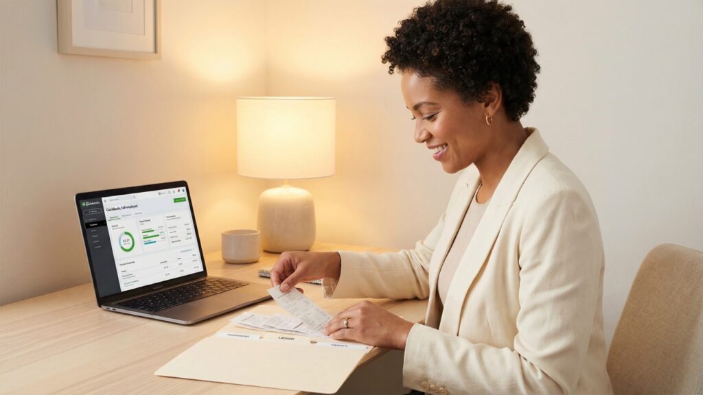 Freelancer organizing business receipts for tax season