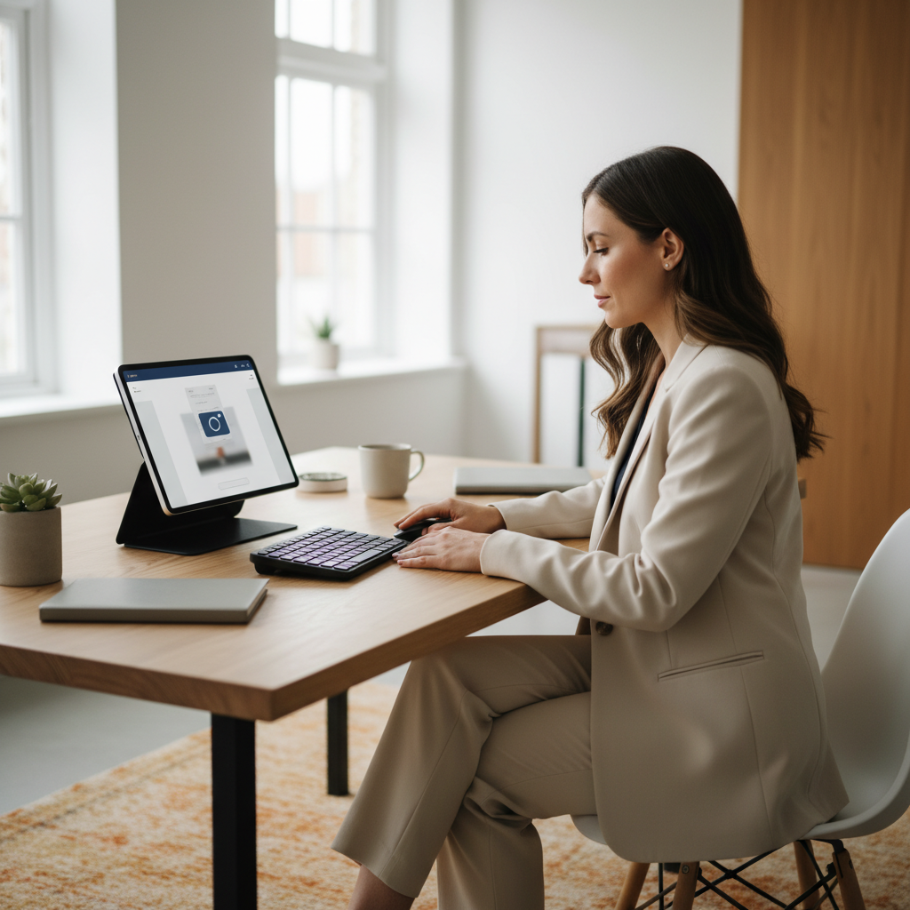 Professional bookkeeper at organized desk using tablet with receipt scanning app