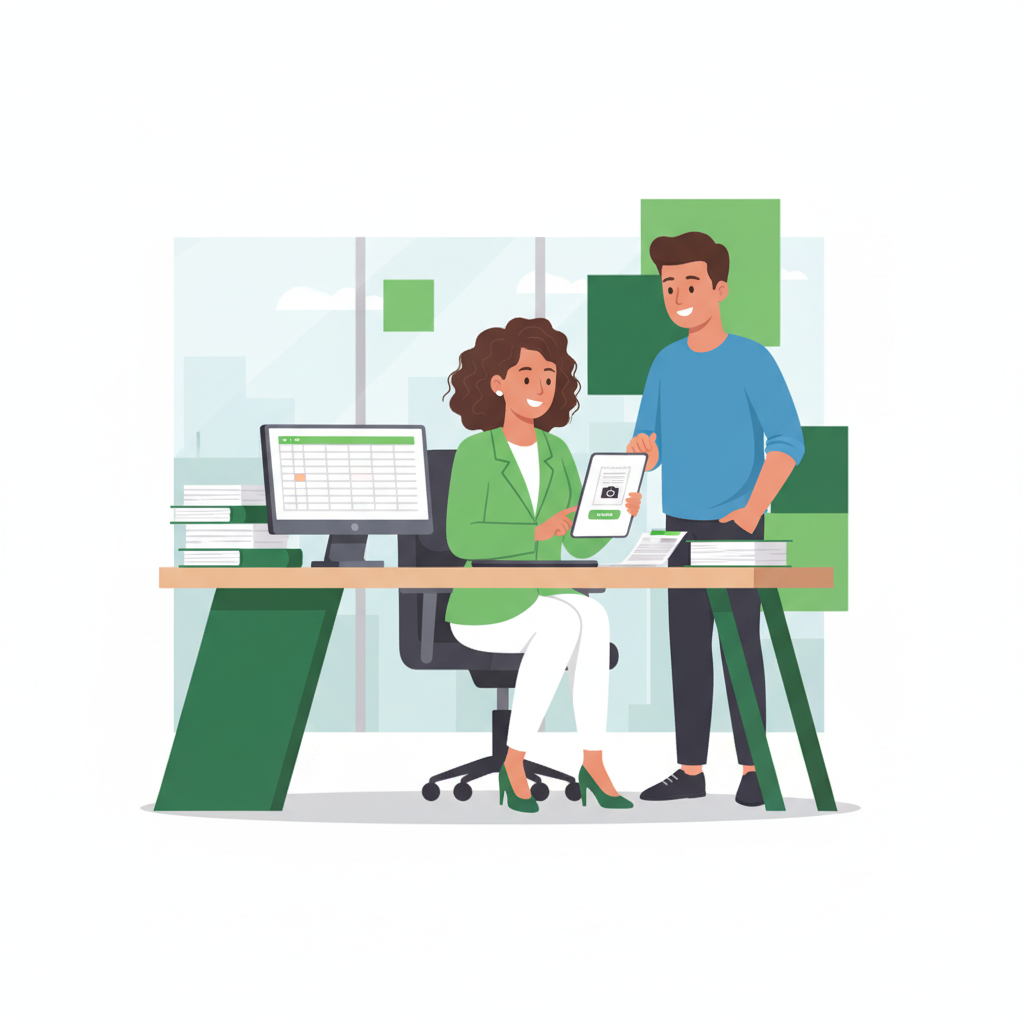 Professional bookkeeper recommending receipt app to client in modern office