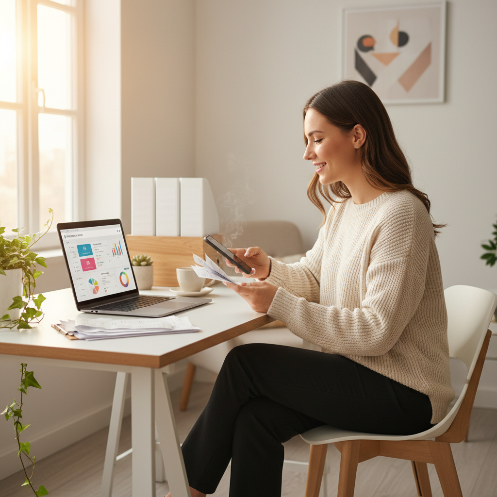 Freelancer Sarah at organized home office using BudgetX receipt scanner app on smartphone