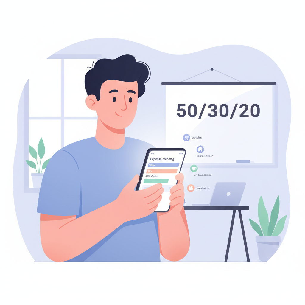 A freelancer reviewing their expenses with an expense tracking app, visualizing the 50/30/20 budget rule