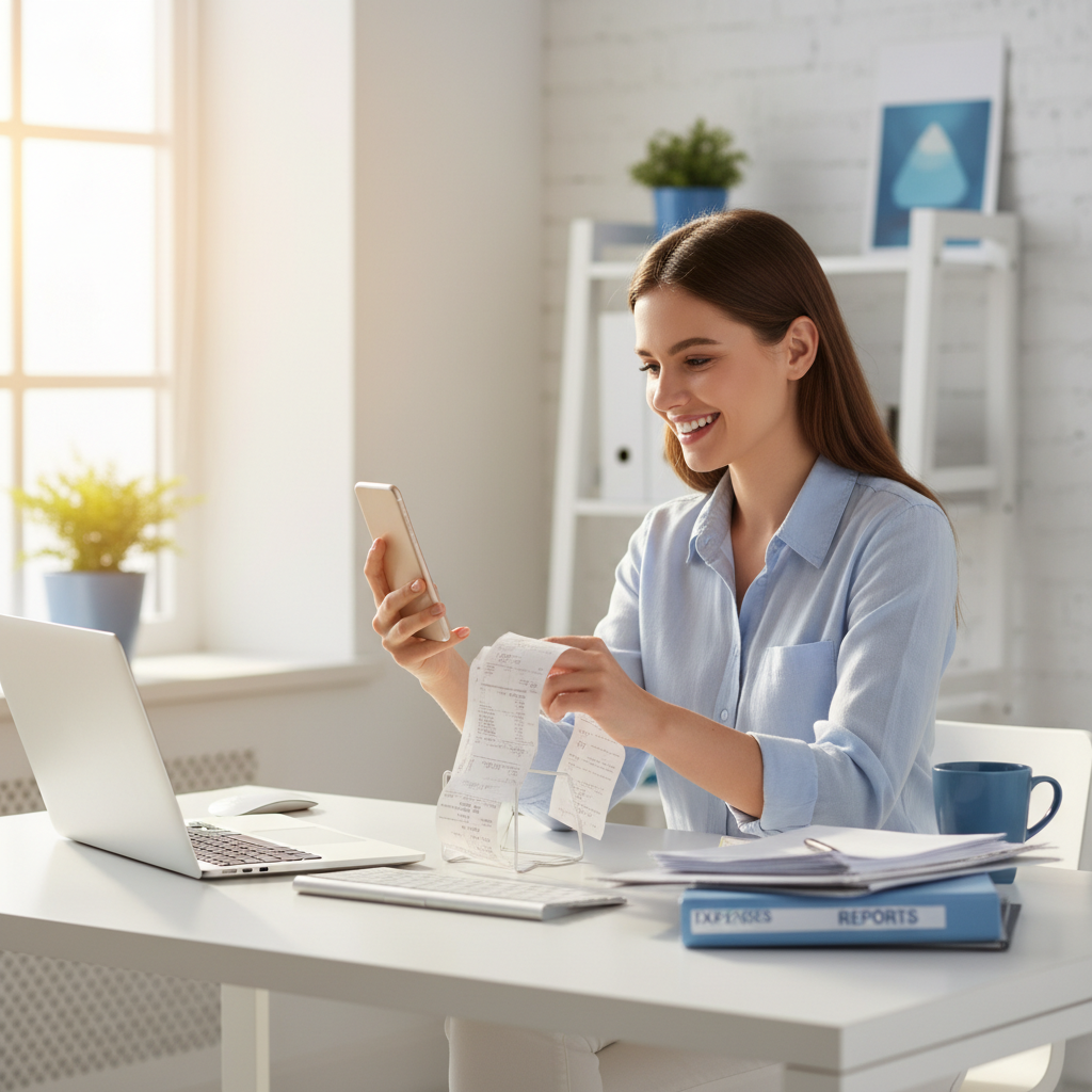 Happy freelancer organizing receipts with BudgetX app, tax preparation success story