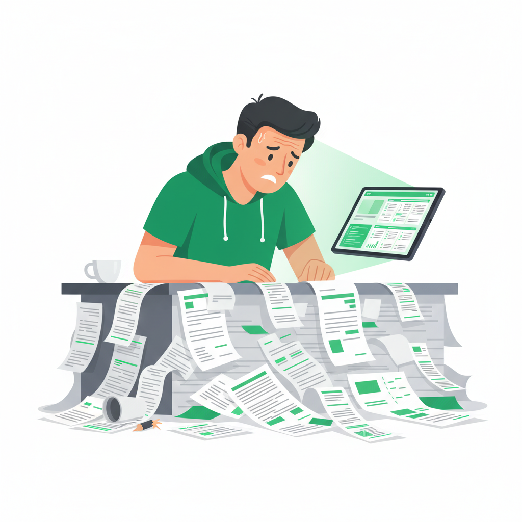 Freelancer struggling with tax paperwork and receipts, showing the need for organized financial tracking