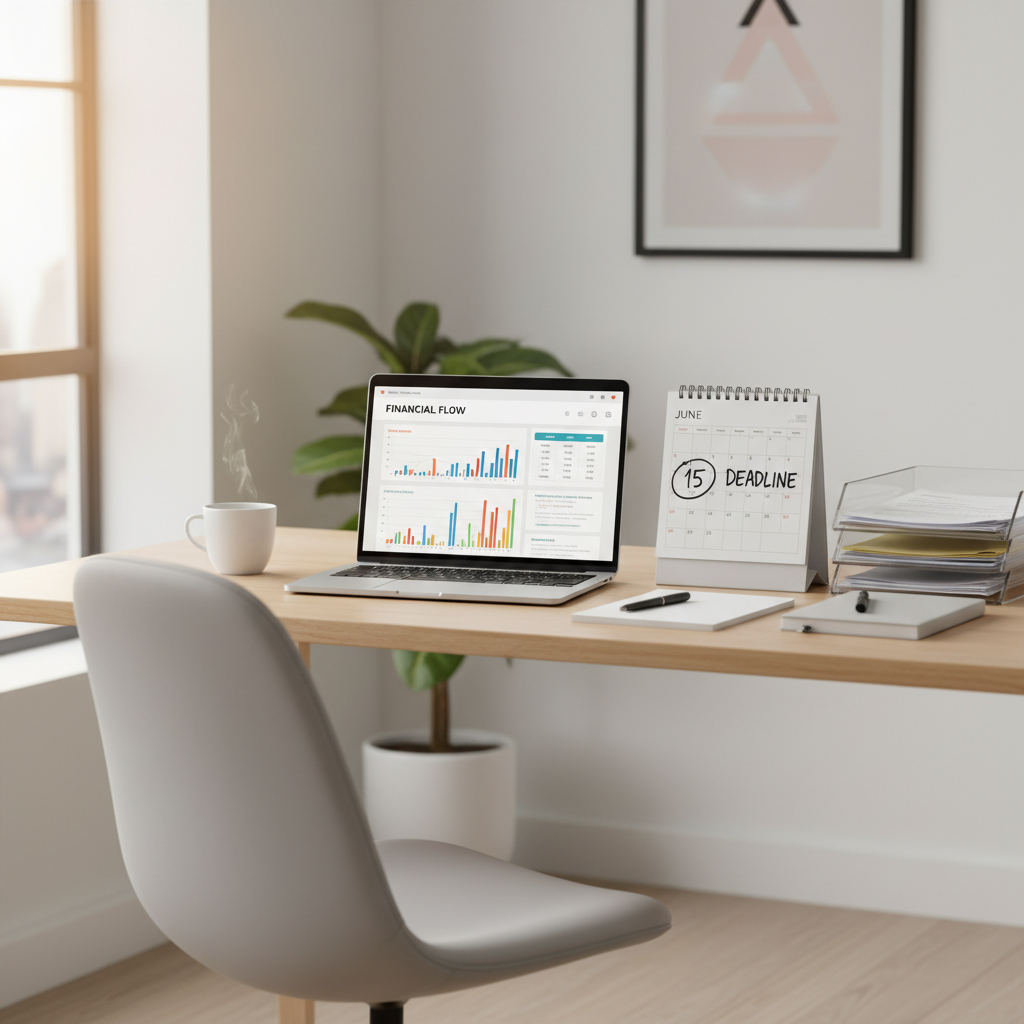 Professional freelancer workspace with calendar showing June 15 tax deadline