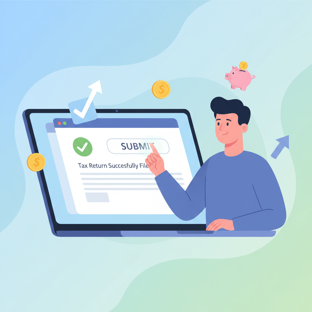 Person submitting tax return on laptop with confirmation