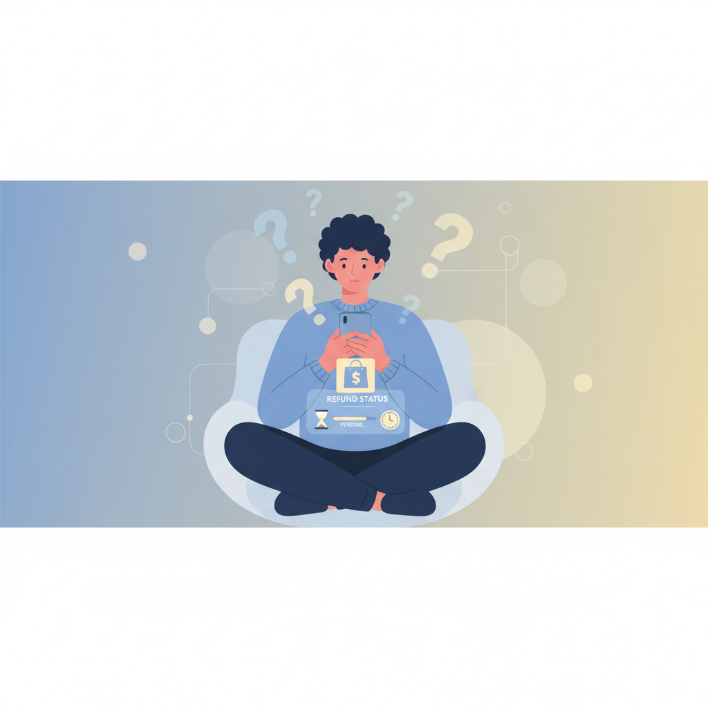 Person checking phone for refund status while waiting