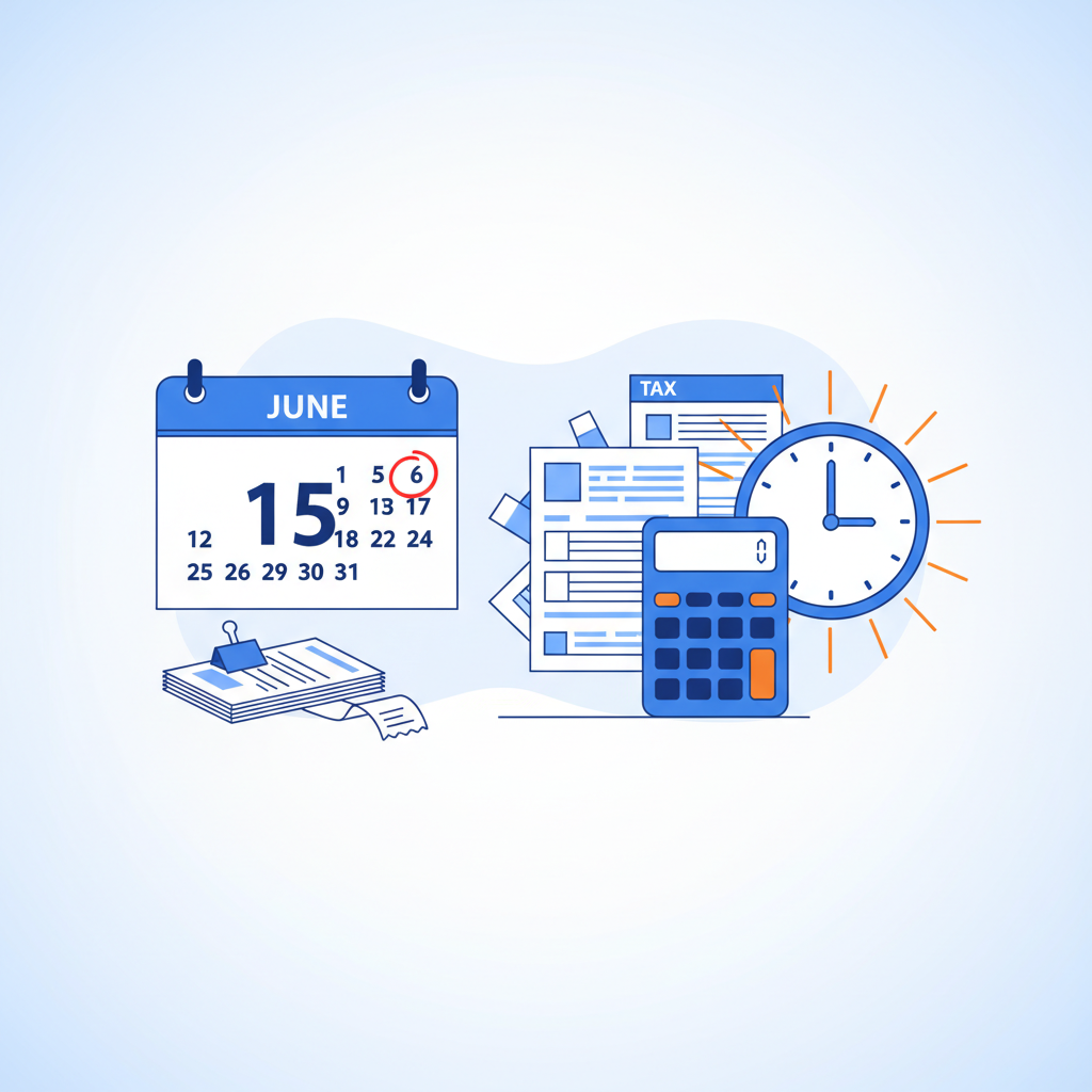 June 15 Q2 estimated tax deadline countdown calendar with organized receipts