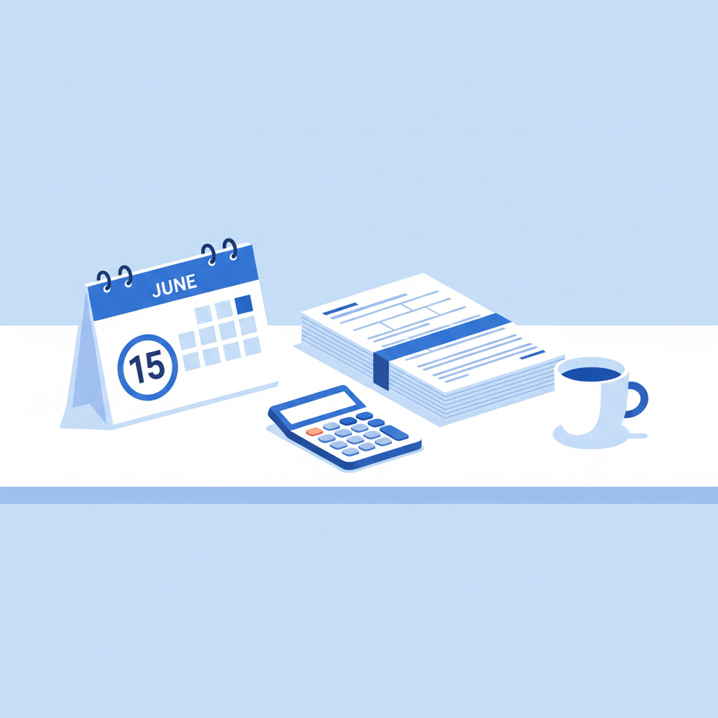 Calendar showing June 15 tax deadline with organized documents