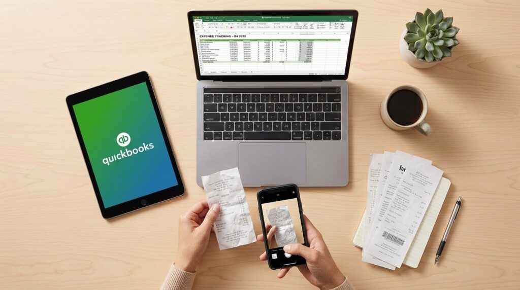 QuickBooks expense management with receipt scanning and mobile app on organized desk