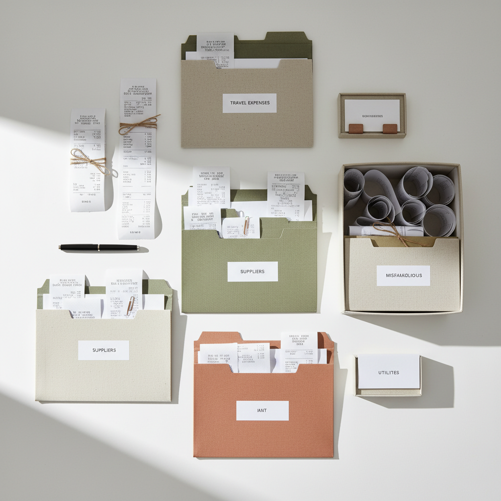 Neatly organized receipts in labeled folders for business expense tracking
