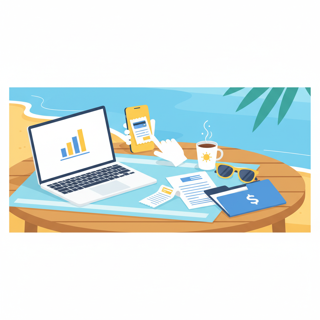 Freelancer preparing summer finances with laptop and receipt scanner