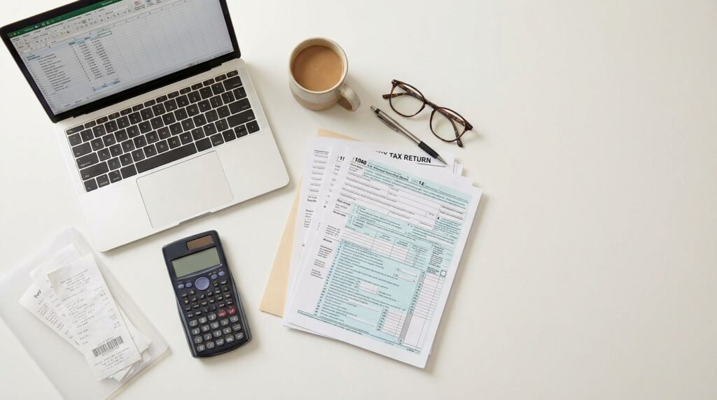 Tax documents, calculator, receipts organized on desk for small business tax preparation