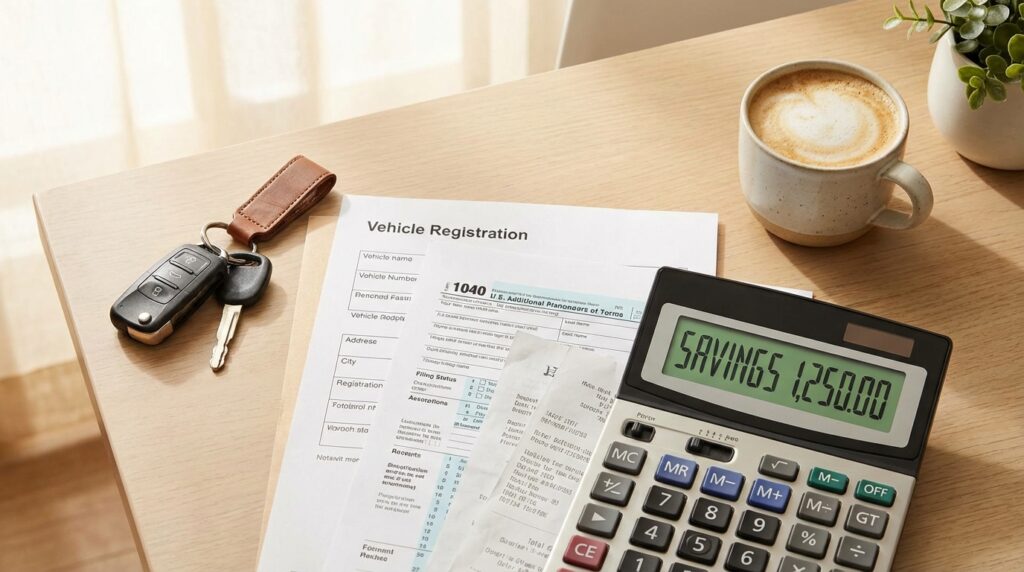 Vehicle tax deduction guide with car keys, tax documents, and calculator for business expense write-offs