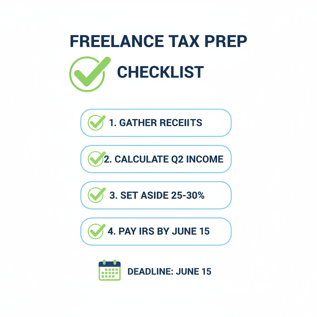 Freelancer tax prep checklist: gather receipts, calculate Q2 income, set aside 25-30%, pay by June 15