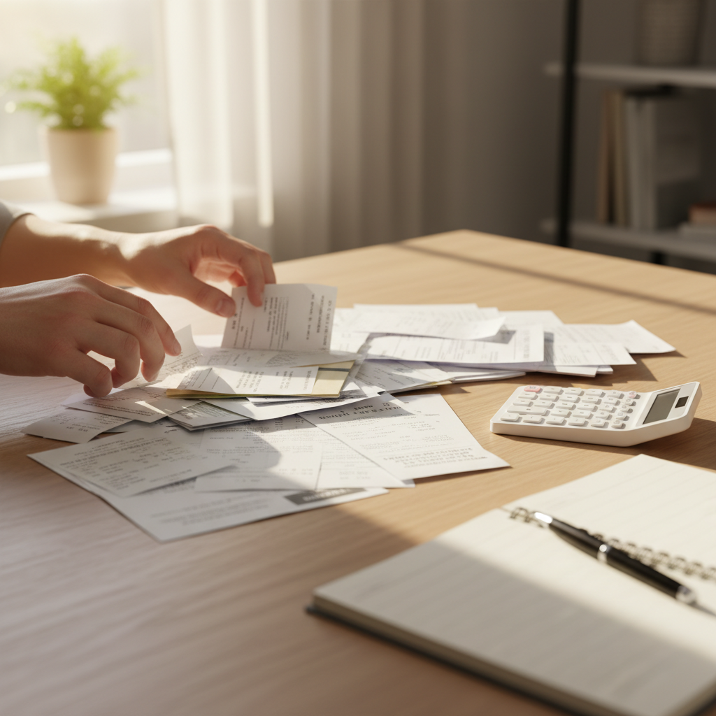 Freelancer organizing receipts and financial documents for Q2 tax preparation