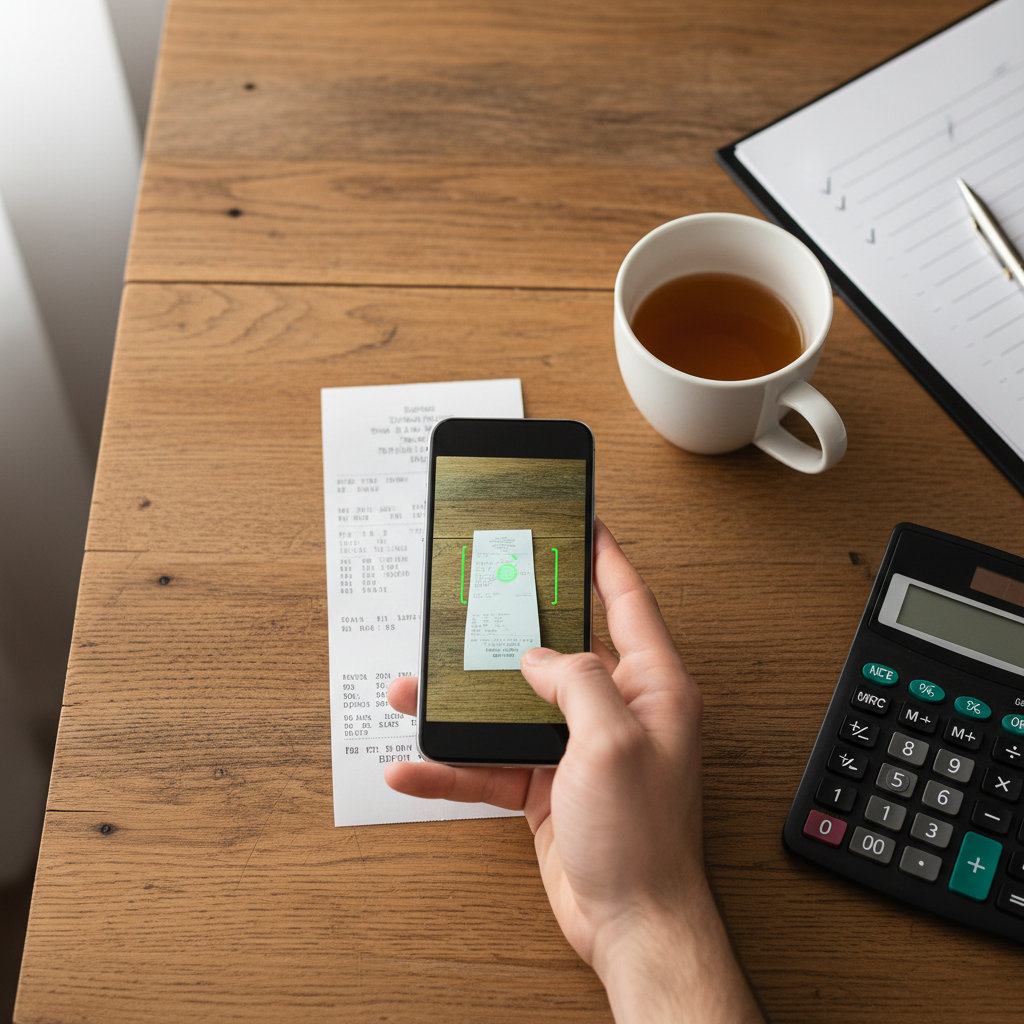 Smartphone scanning a receipt on a desk with calculator and coffee cup for tax preparation