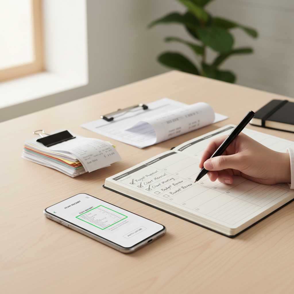 Weekly planner and receipt scanning app interface for tax prep
