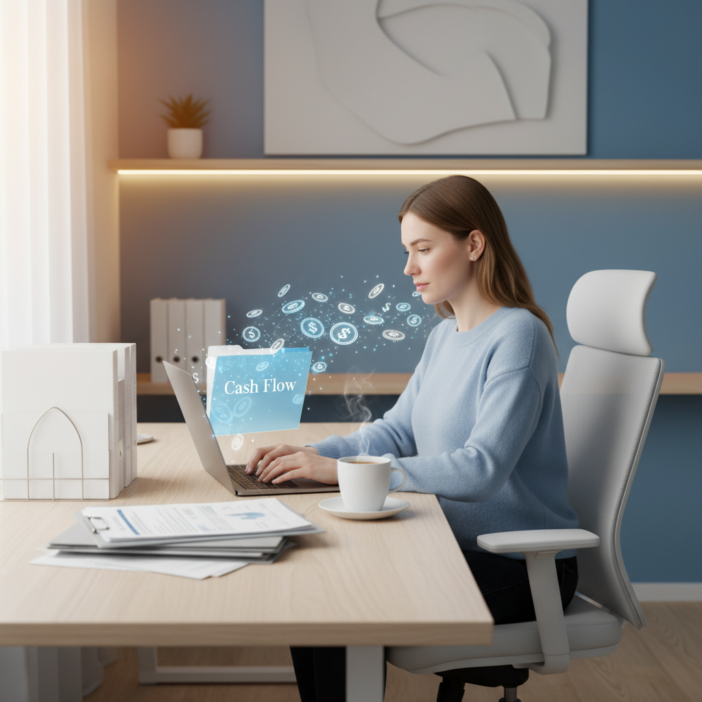 Freelancer managing cash flow at home office desk