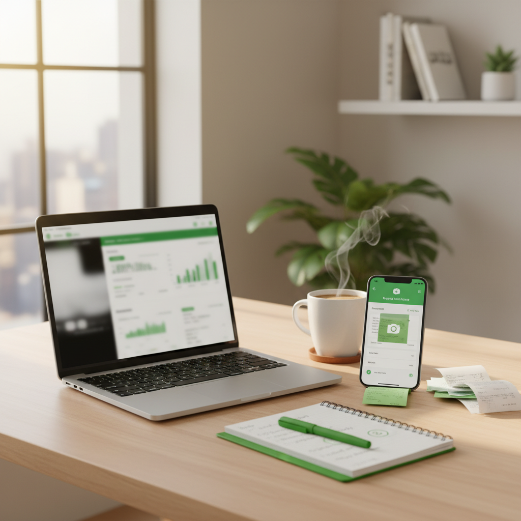Freelancer's workspace with laptop, receipts, and smartphone for expense tracking
