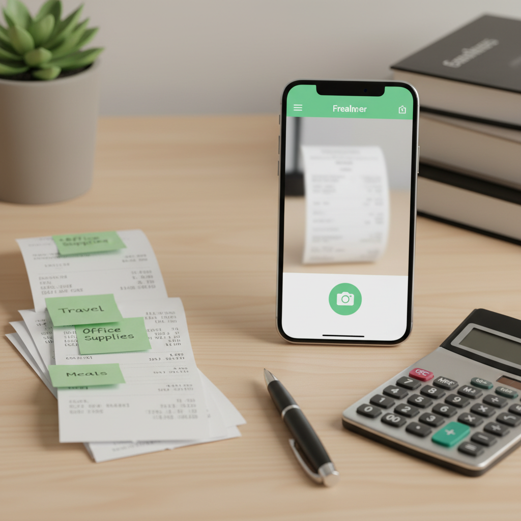 Close-up of organized expense tracking with categorized receipts and smartphone