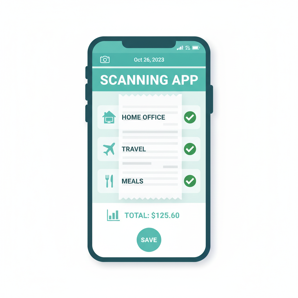 Freelancer receipt scanning app interface showing categorized expense items