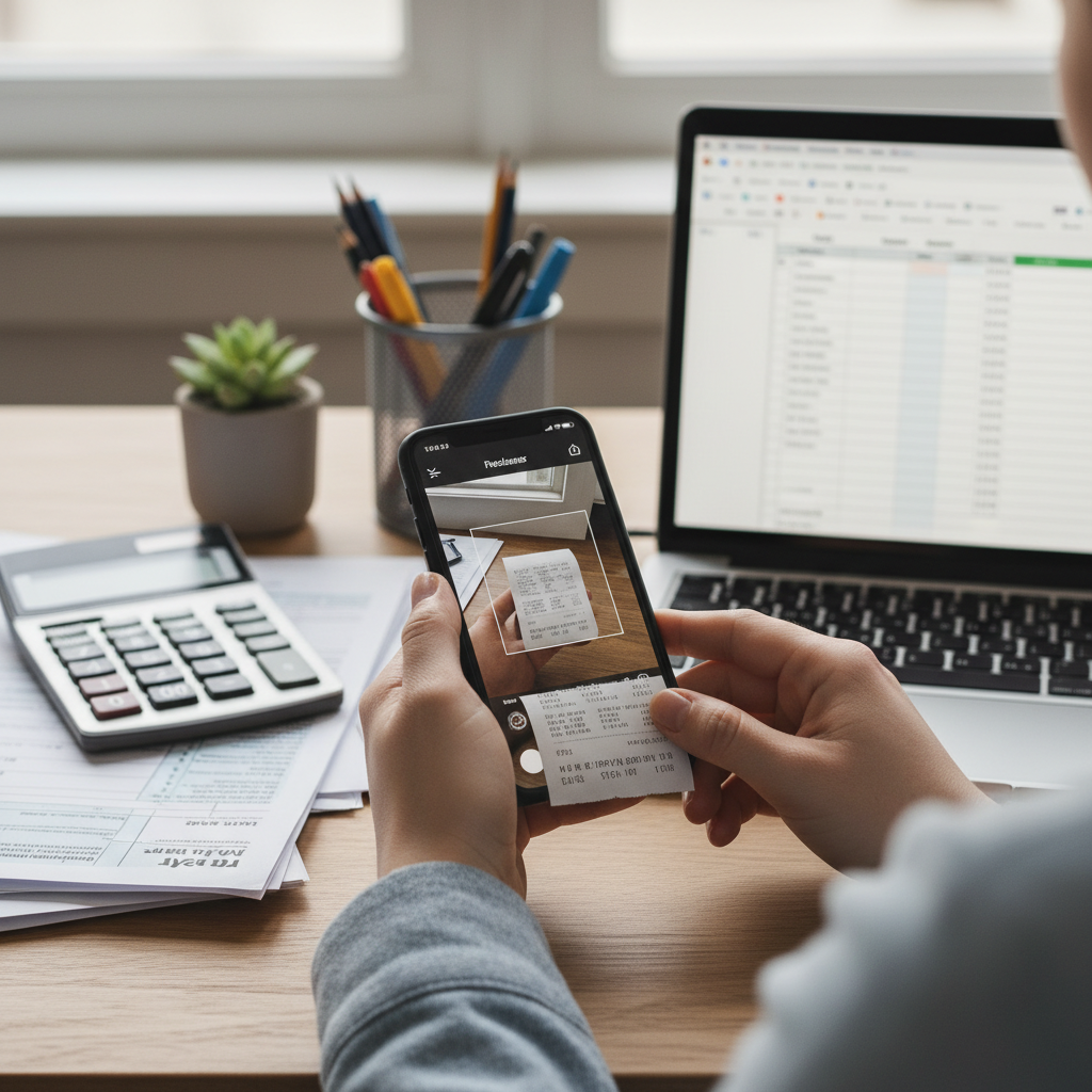 Freelancer organizing receipts with BudgetX app before tax deadline