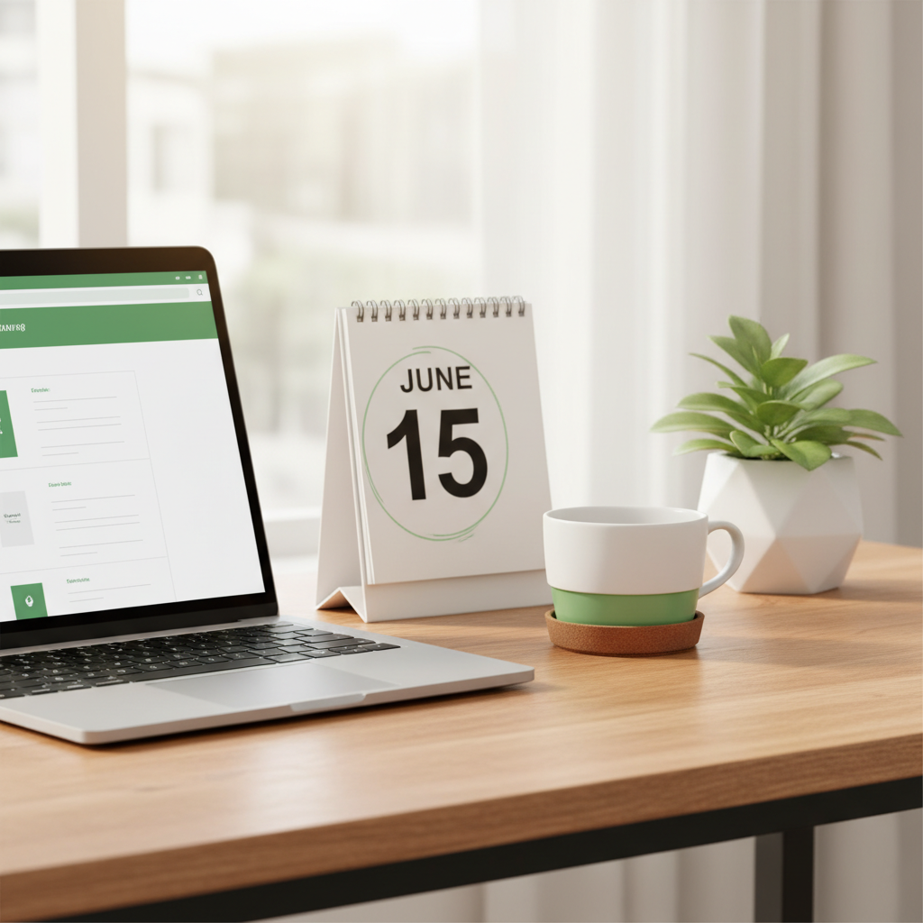 Freelancer weekend tax prep at laptop with calendar showing June 15