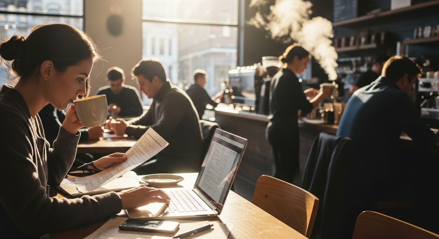Freelancer reviewing tax documents at a coffee shop on Saturday morning