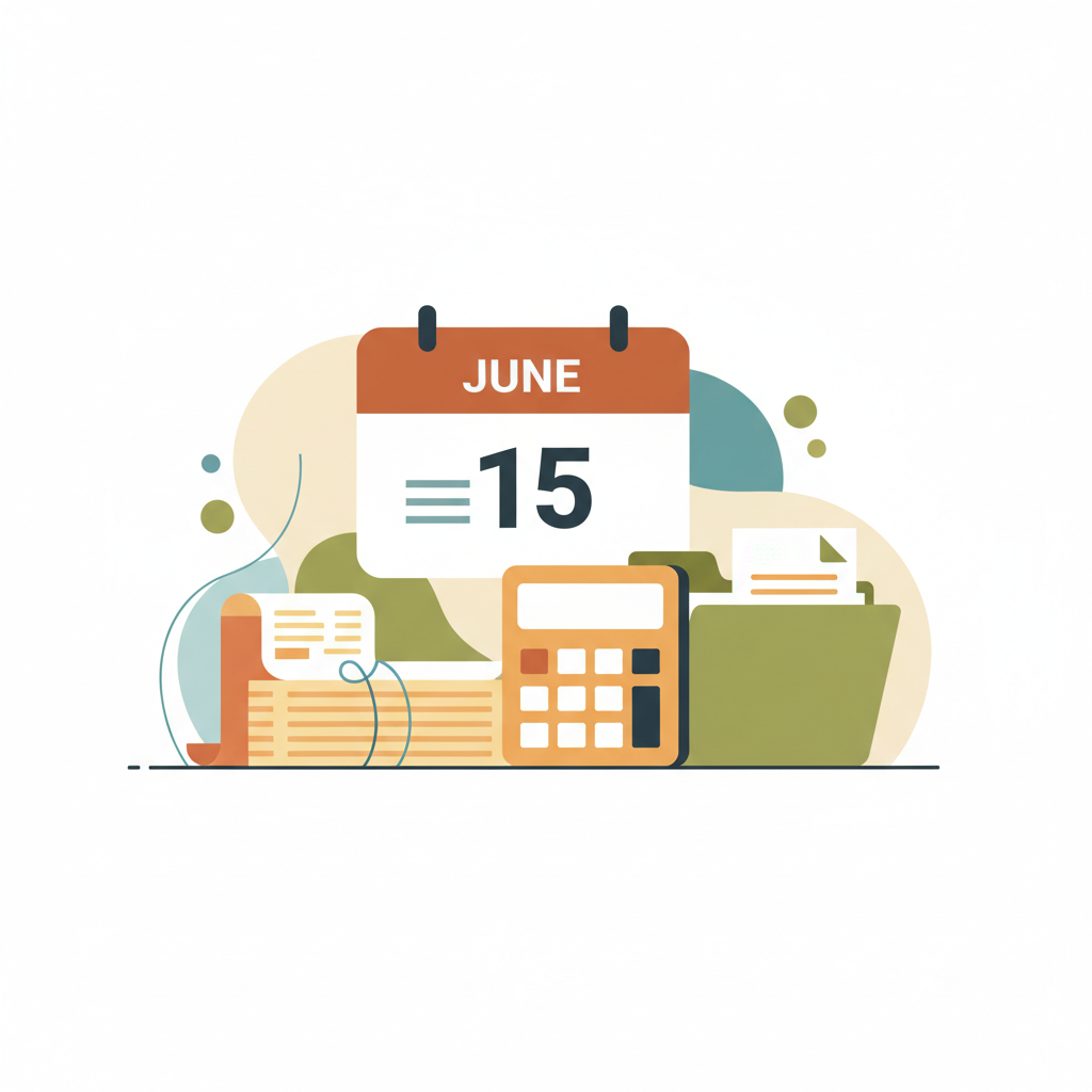 June 15 Q2 estimated tax deadline calendar with calculator and organized receipts