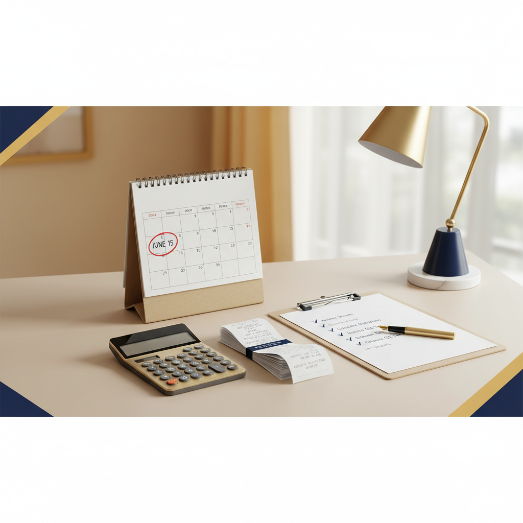 Calendar with June 15 deadline and organized tax documents