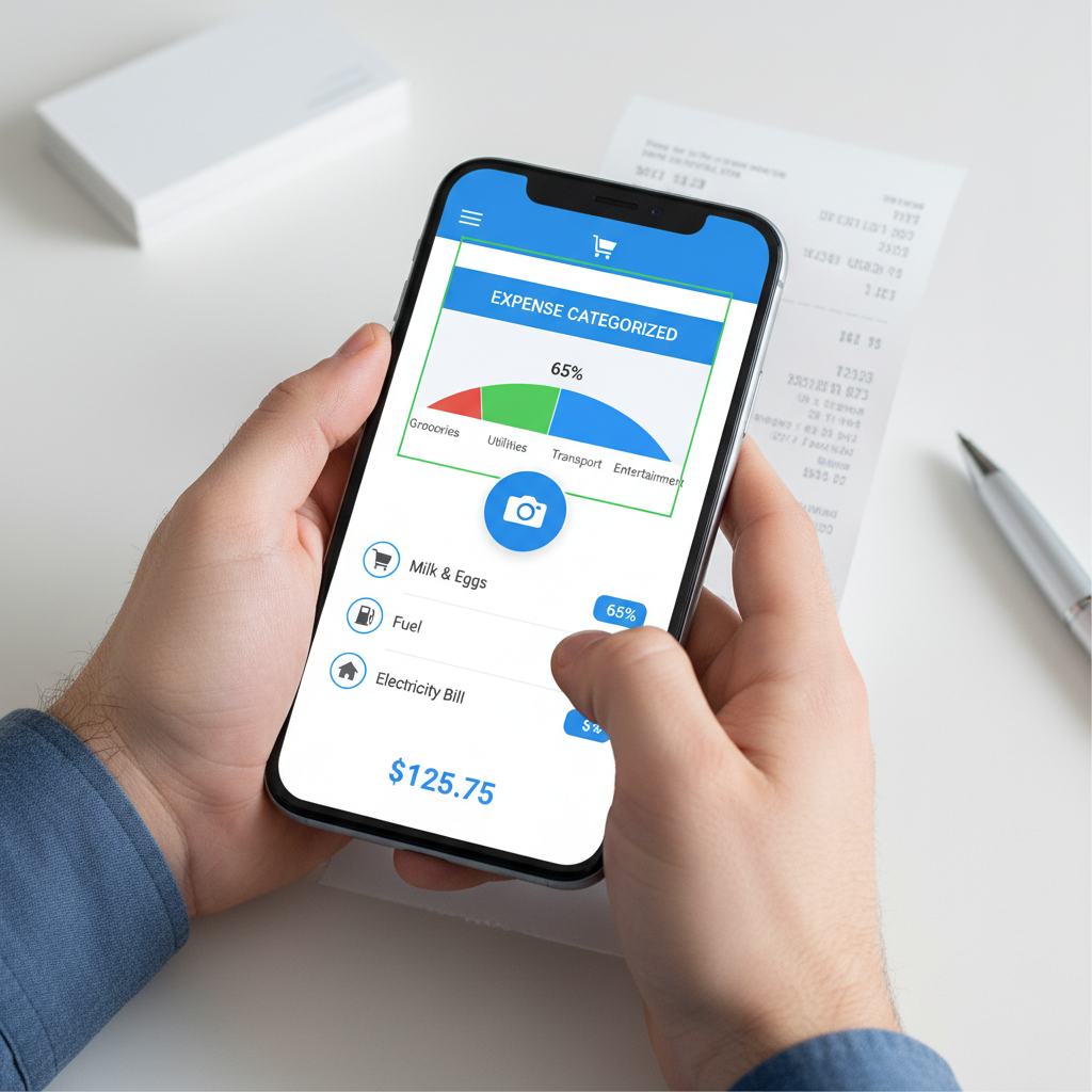 Smartphone scanning receipt with BudgetX receipt scanner app