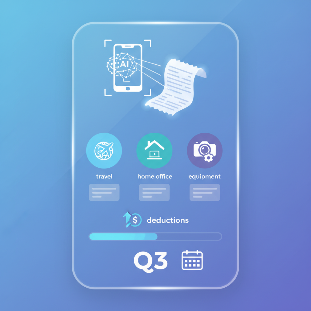 BudgetX app interface showing receipt scanning and Q3 deduction tracking organized by category