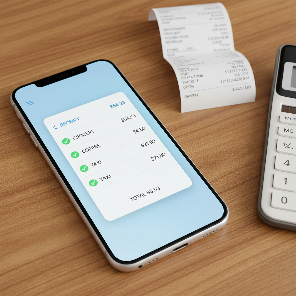 Smartphone showing receipt scanning app with financial data on a desk