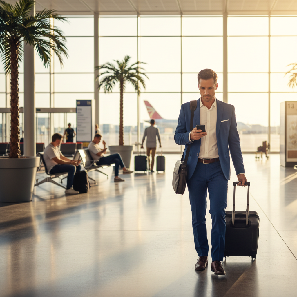 Business traveler at airport terminal with luggage, tracking travel expenses for tax deductions