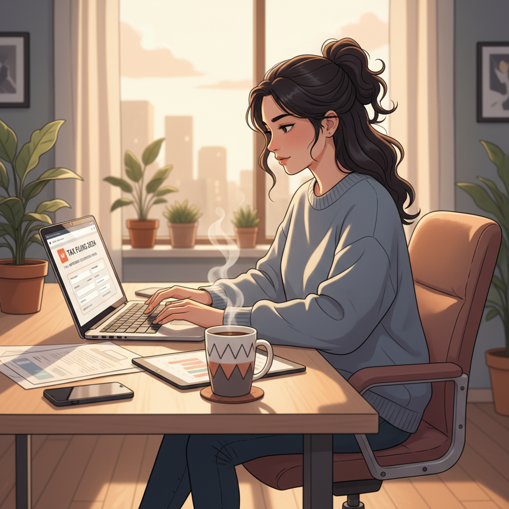 Freelancer filling out tax forms at a home office desk